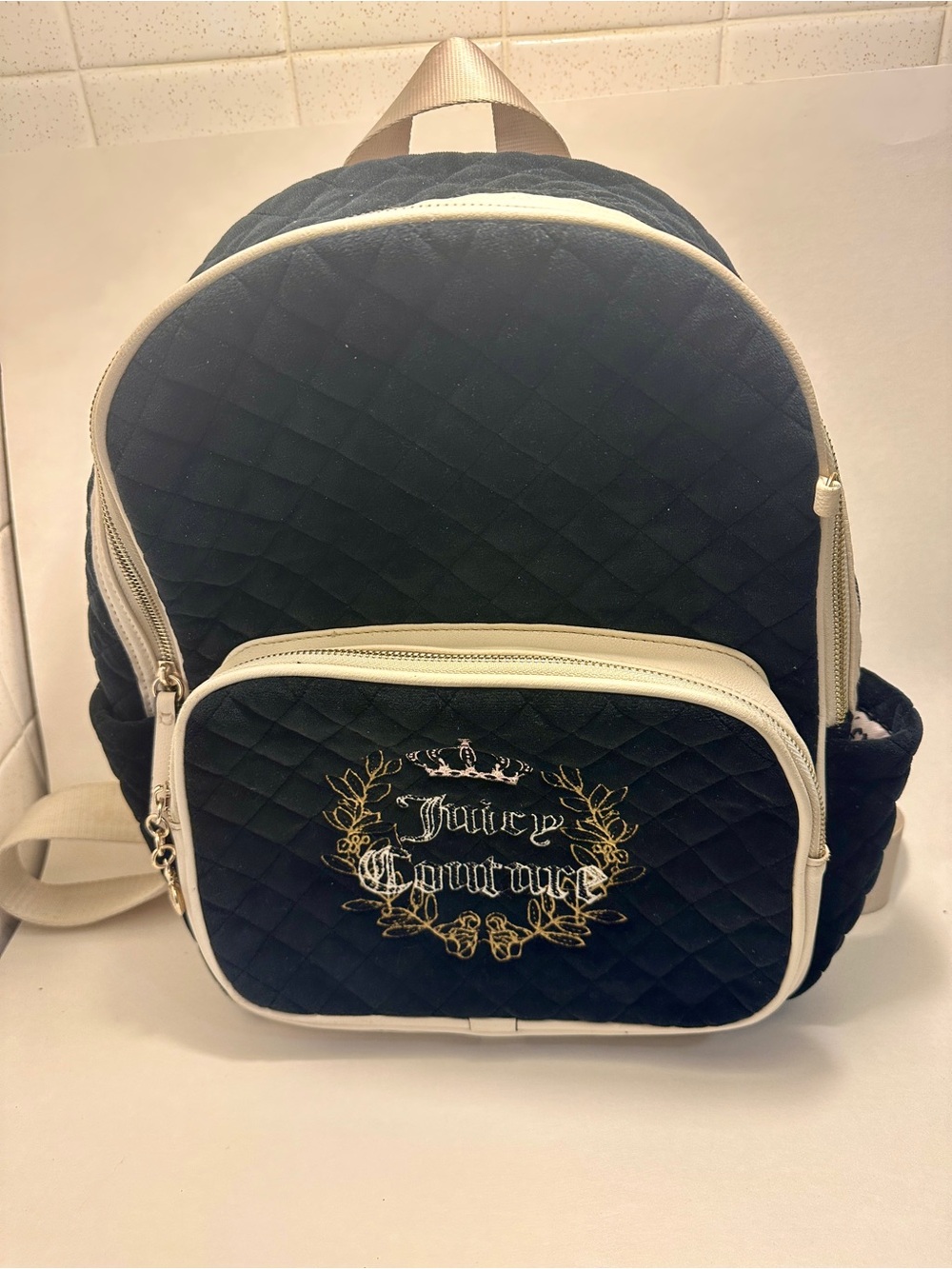 Black Juicy Couture Velvet Quilted Backpack Cream Trim/Zip w/ Adjustable Straps